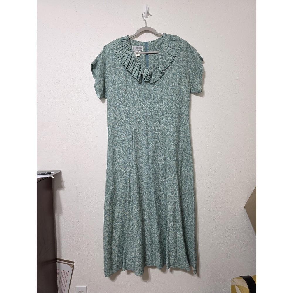 1980s Prairie Cottagecore Ruffle Sage Green Floral Midi Dress E.D. Michaels sz16